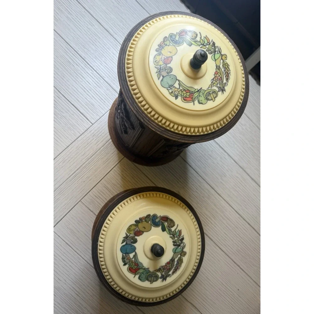 Set Of 2 VIntage Vistron Faux Wood Molded Plastic Canisters with Lids. Mushrooms